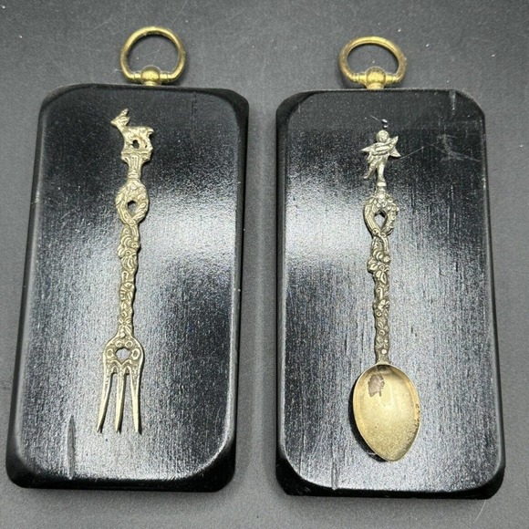 Antique Italian Bordini Ornate Fork and Spoon Serving Cherubs On Plaques -S84 - Picture 2 of 12